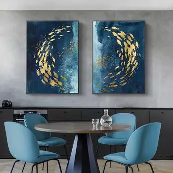 Скандинавская золотая рыбка, абстрактные летающие птицы, синий холст, картина, настенные художественные постеры и принты, настенные панно для декора гостиной 21cm30cm NoFrame