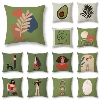 Скандинавские абстрактные геометрические персонажи, зеленый растительный узор, наволочка для дома, гостиной, дивана, декоративная подушка, наволочка 40X40CM