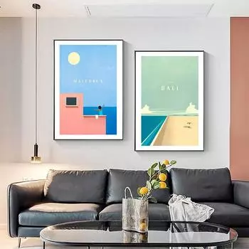 Скандинавские абстрактные пейзажные постеры и принты, мультяшная картина на холсте, Бали, Майорка, художественные фотографии для декора гостиной на стене 21cm30cm NoFrame
