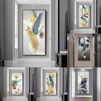 Скандинавские абстрактные перья, золотисто-желтые постеры с оленями, печать на холсте, картина с денежным деревом, настенное искусство для гостиной, домашний декор, Cuadros 20x40cm No Frame льняной