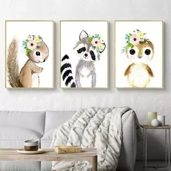 Скандинавские акварельные животные, кролик, олень, белка, плакат, детский принт, мультяшный настенный художественный холст, картина для детской комнаты, домашний декор 21cm30cm NoFrame
