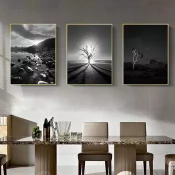 Скандинавские черно-белые пейзажные фотографии, закат, дерево, камень, холст, картина, горный принт, плакат для декора гостиной, Cuadros 21cm30cm No Frame