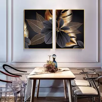 Скандинавские черно-красные листья монстеры, золотые растения, цветы, холст, постер, картины, роскошный интерьерный принт, абстрактное HD художественное изображение 21x30cm No Frame