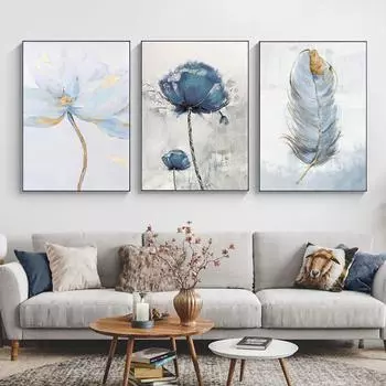 Скандинавские цветочные постеры с синим пером, абстрактные картины на холсте, скандинавская настенная картина для комнаты, декор для домашнего интерьера 21x30cm No Framed