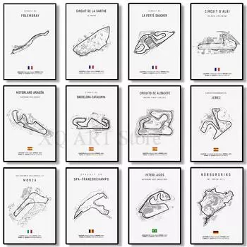 Скандинавские Франция Испания Имола гоночная трасса холст картина F1 настенные художественные постеры эстетическое украшение для автоспорта Декор комнаты 21x30cm No Framed