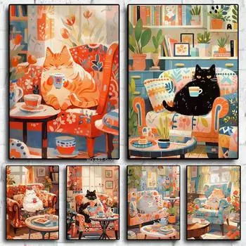 Скандинавские милые кошки, пьющие кофе, принты, пейзажный постер с животными для детской комнаты, холст, картина, Рождественский подарок, домашний декор, фотографии 21x30cm No Framed