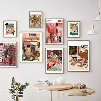 Скандинавские мультфильмы, абстрактные красные настенные художественные картины, закат, тигр, холст, постеры, принты с мороженым, картинная галерея, декор для гостиной, без рамки 21*30cm