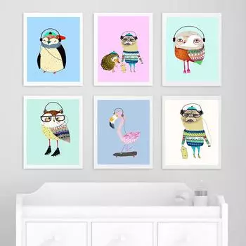 Скандинавские мультфильмы для детского сада, плакаты и принты, фламинго, пингвин, мопс, холст, живопись 21cm30cm NoFrame