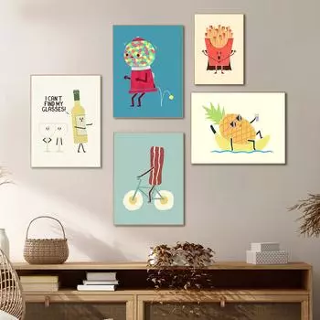Скандинавские мультфильмы, еда, фрукты, вино, настенные художественные принты, холст, забавные яйца, картофель фри, постеры, фотографии, кухня, детская комната, Декор Куадрос 21cm30cm NoFrame