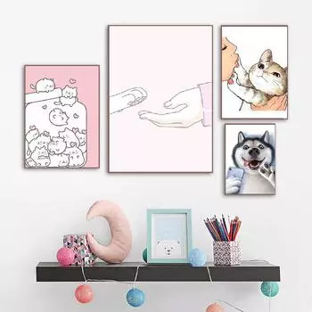 Скандинавские мультфильмы, милые кошки и собаки, настенная живопись, холст, живопись, постеры и принты, настенные картины для жизни, украшения дома для детей 21X30cm No Frame