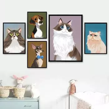 Скандинавские мультяшные животные, холст, картины, домашние собаки, кошки, постеры и принты, настенные художественные картины для гостиной, украшения дома, Cuadros 21x30 No Frame