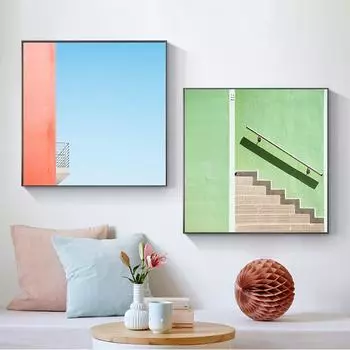 Скандинавские пейзажи, яркие цвета, голубое небо, холст, картина, здание, лестница, постеры, принты для гостиной, домашний декор Quadro 21cm30cm No Frame