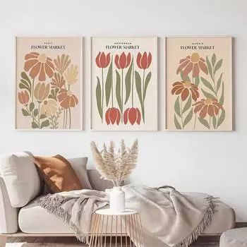 Скандинавские плакаты и принты с растениями и цветами Моранди, картина на холсте с цветочным рынком 21cm30cm NoFrame