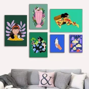 Скандинавские постеры для девочек с едой, мохито, коктейль, холст, картина, пицца, серфер, мороженое, принт, минималистичная картина, кухонный домашний декор 21x30cm No Framed белый