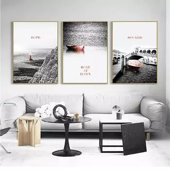 Скандинавские постеры и принты настенное искусство современная картина на холсте пейзаж черно-белая лодка и причал картина гостиная украшение дома 21cm30cm NoFrame