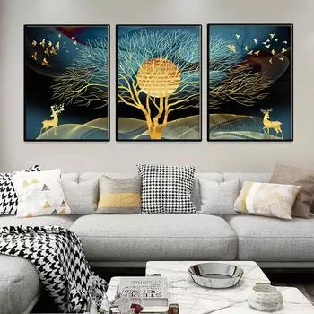 Скандинавские постеры и принты золотой абстрактный олень дерево птица настенная живопись холст гостиная украшение дома картина без рамки 21*30cm No Frame