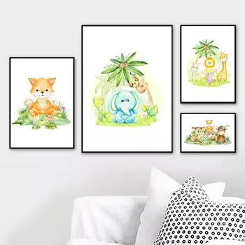 Скандинавские постеры с изображением жирафа и слона, тропические листья, животные джунглей, настенная живопись на холсте, настенные панно, декор для детской комнаты 21cm30cm NoFrame