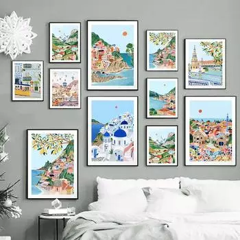 Скандинавские Позитано, Италия, винтажные постеры и принты, Санторини, Барселона, холст, картина, подарок, настенное искусство для гостиной, домашний декор 21x30cm No Framed