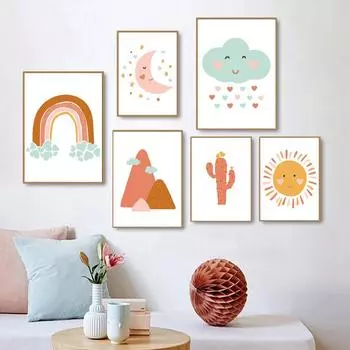 Скандинавские радужные облака луна кактус принты и постеры настенное искусство холст живопись настенные картины для гостиной домашний декор без рамки 21*30cm No Frame