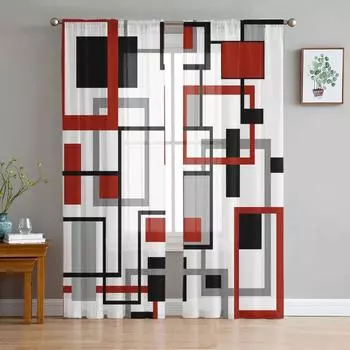 Скандинавские ретро средневековые геометрические абстрактные красные прозрачные шторы для гостиной, украшения оконных занавесок для кухни, тюль, вуаль, шторы W135 x H115cm x1&Rod Pocket