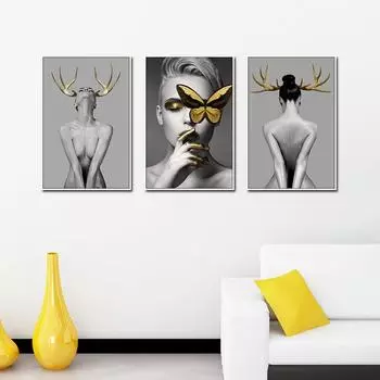 Скандинавские рога для девочек, фигурки, настенная живопись, холст, печать, постеры, черные, белые, обнаженные художественные фотографии для гостиной, современный декор 21cm30cm NoFrame