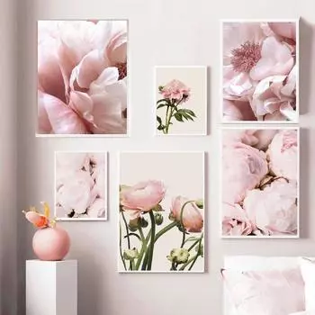 Скандинавские розовые цветы, пейзаж, роза, пион, лепестки тюльпана, постеры, холст, живопись, настенные художественные фотографии для украшения гостиной 21X30cm No Frame