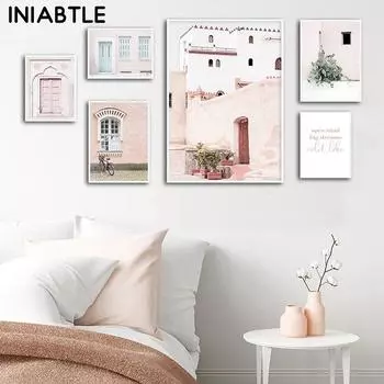 Скандинавские розовые двери, архитектура, плакаты с кактусом, принты, исламское настенное искусство, Марокко, холст, картины, картины для гостиной, домашний декор 21cm30cm NoFrame