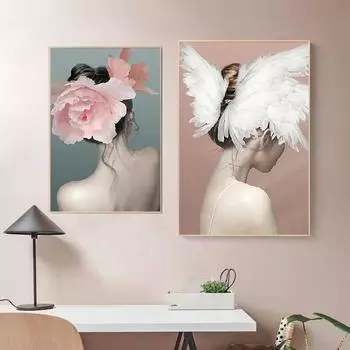 Скандинавские современные девушки, цветок, крылья ангела, головной убор, абстрактные картины для девочек, холст, живопись, настенная живопись, принт, постер, украшение для спальни 21X30cm No Frame