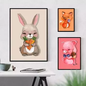 Скандинавские современные мультяшные детские животные, кролик, лиса, свинья, украшение для детского дома, детская комната, детский сад, холст для девочек, настенное искусство 21*30cm