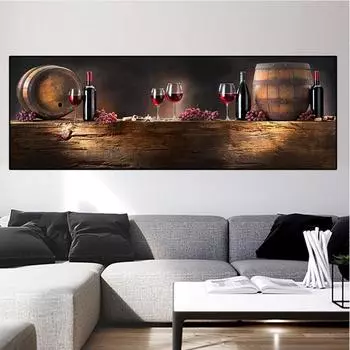 Скандинавские стеклянные бутылки красного вина, бочки с виноградом, холст, картина, натюрморт, постеры и принты, настенные художественные фотографии, домашний декор, без рамки 20*40cm