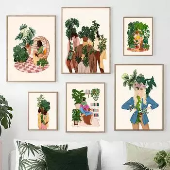 Скандинавские тропические зеленые растения, дом, диван, плакат с принтом, холст, картина, винтажная модная женская настенная живопись, домашний декор для гостиной 21x30cm No Frame