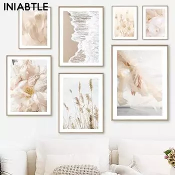 Скандинавские тростниковые травы, цветы, перья, постеры, пляжные принты, пейзаж, настенная живопись на холсте, современная картина, гостиная, домашний декор 21cm30cm NoFrame