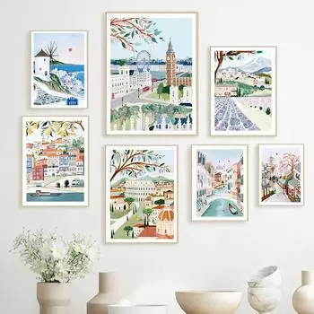 Скандинавские туристические плакаты Марокко Португалия Япония Италия Пейзаж Искусство Холст Картина Подарок на новоселье Настенные картины Украшение дома без рамки 21*30cm