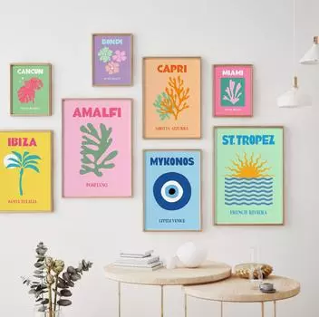 Скандинавские туристические постеры Ибица Майами Бонди Миконос Капри настенная живопись на холсте печатает красочные картинки для декора гостиной 21*30cm