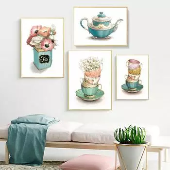 Скандинавские винтажные чайные чашки, цветы, современное искусство, холст, постеры, принты, живопись для кухни, столовой, настенный декор, фотографии, домашний декор 21X30cm No Frame