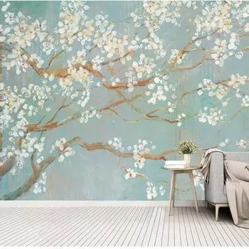 Скандинавские винтажные фотообои со сливой, ручная роспись, растения, листья, абстрактное растение, домашний фон, домашний декор, настенная бумага 3D 300cm (W) x 200cm (H)