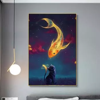 Скандинавские животные принты кошка и золотая рыбка облака часы холст живопись настенные художественные картины для детей гостиная Cuadros домашний декор 20cm40cm NoFrame