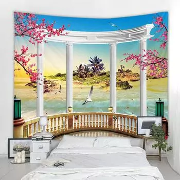 Скандинавский 3D гобелен с имитацией окна, пейзажа, настенное художественное украшение, занавеска, гобелен, эстетика комнаты, украшения дома 100X75CM