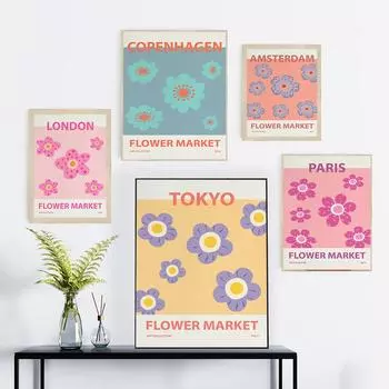 Скандинавский абстрактный цветочный рынок, Токио, Лондон, Париж, холст, постеры, розовый, желтый, настенные художественные принты, живопись, декор для интерьера, фотографии 21cm30cm No Frame