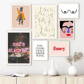 Скандинавский абстрактный плакат с изображением зебры, линия лица, грудь, холст, картина, настенное искусство, розовый стиль, письмо, необычные картинки для гостиной, домашний декор, без рамки 21*30cm