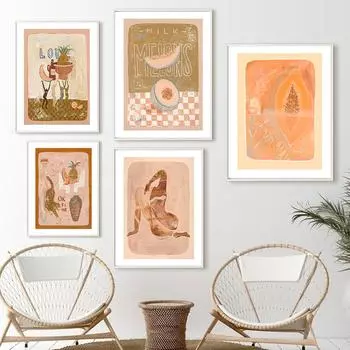 Скандинавский абстрактный силуэт девушки, пейзаж, папайя, настенное искусство, холст, живопись, постеры и принты, настенные панно для декора гостиной 21cm30cm NoFrame