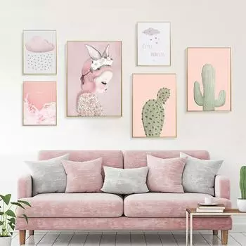 Скандинавский акварельный мультфильм Кактус Кролик Девушка Темное Облако Перья Холст Картина Плакат Настенные Панно Детская Комната Украшения Дома 21*30cm
