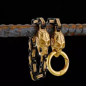 Скандинавский браслет из нержавеющей стали 316L с рунами викингов и золотым черепом 19cm золотистый