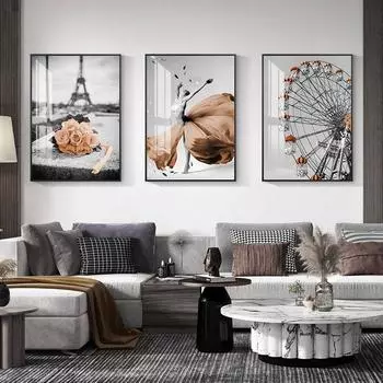 Скандинавский черно-белый цвет, поп-замок, здание, железная башня, колесо обозрения, пейзажные фотографии, танцевальные плакаты с лошадьми, холст, живопись 21x30cm No Frame