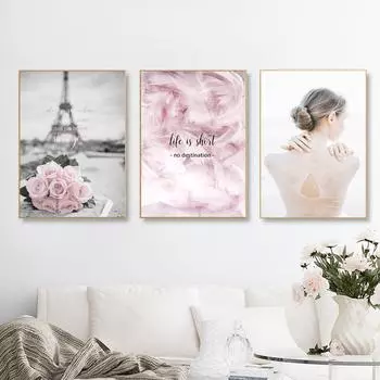 Скандинавский декор для спальни для девочек, картина, холст с принтом, постер, розовые цветы, минималистичные настенные картины, постер, домашний декор HD2679 21x30cm no frame