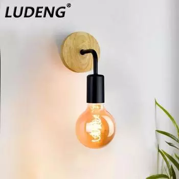 Скандинавский деревянный настенный светильник E27 ретро изголовье кровати ретро внутреннее освещение спальня гостиная украшение дома лестница спальня лампа Without bulb чёрный