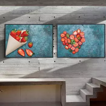 Скандинавский кухонный постер со свежими фруктами и принтом на холсте, красная клубника, настенное искусство, декоративная картина для кухни, холст, картина без рамки 21*30cm