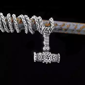 Скандинавский кулон-молот викинга Тора из нержавеющей стали 316L, поставляется с ожерельем из нержавеющей стали длиной 60 см. серебряный