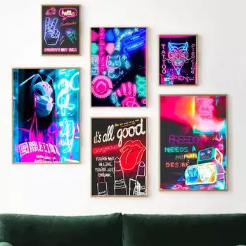 Скандинавский модный неоновый плакат, забавная маска кота, жест, абстрактная настенная живопись, украшение для дома 21cm30cm NoFrame