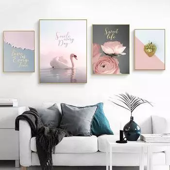 Скандинавский модный постер с розовым цветком розы, скандинавский стиль, настенное искусство, Лебедь, печать на холсте, картина, современный декор для гостиной, изображение 21cm30cm NoFrame